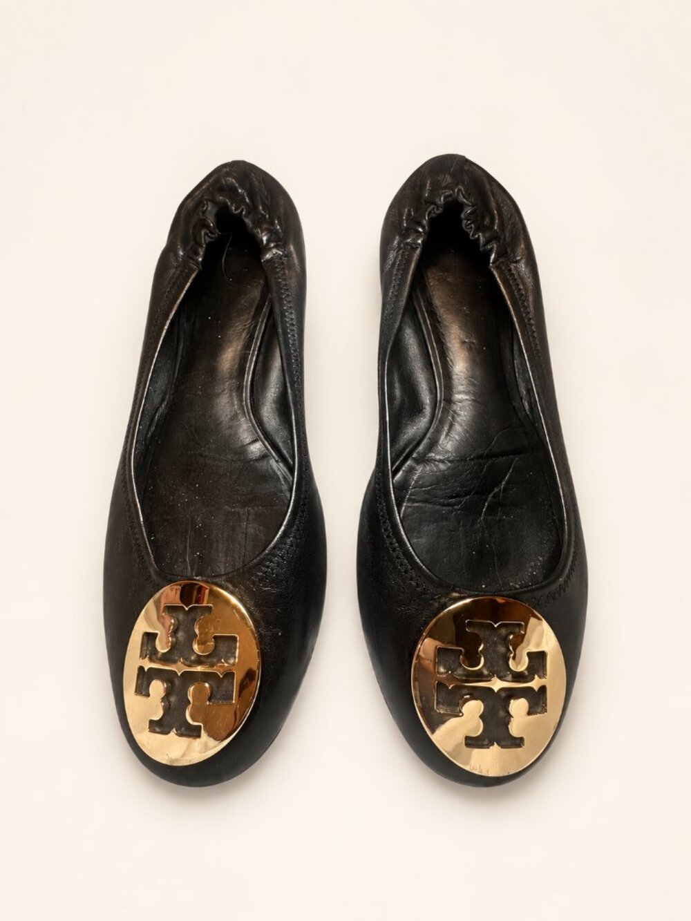 Tory Burch Reva Black Leather Logo Ballet Flats Women's 7